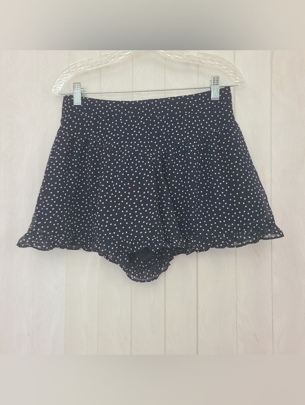 Topshop 6 Navy White Polka Dot Coastal Beach Preppy Flowy Ruffle Hem Mini Shorts
